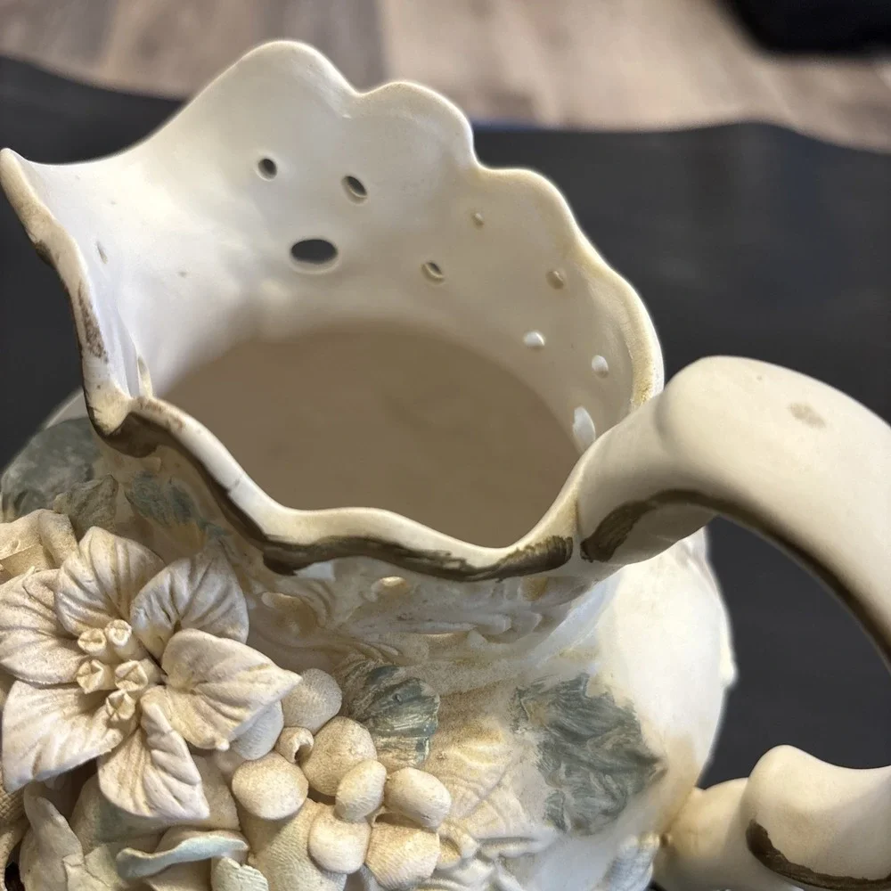 Capodimonte Porcelain Floral Pitcher Vase Reticulated Scalloped 7